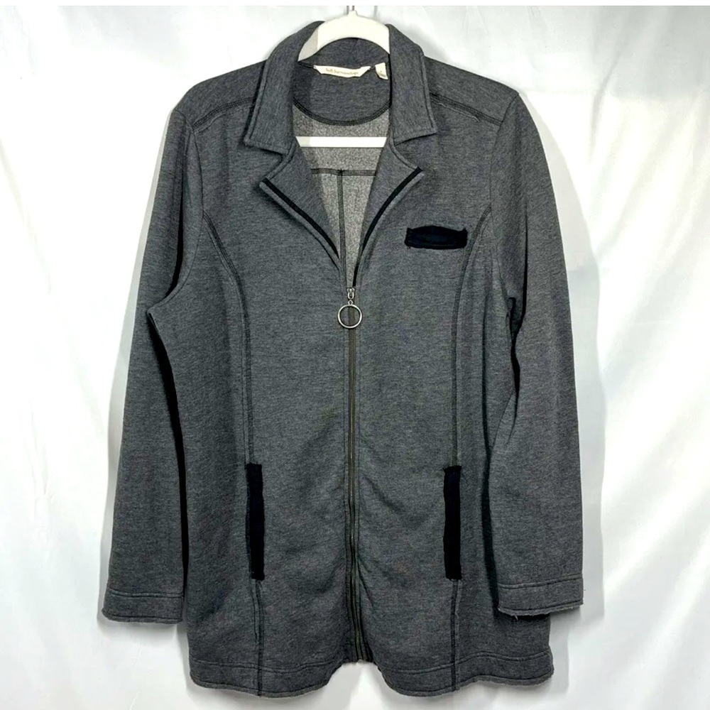 SOFT SURROUNDINGS Full Zip Jacket Sweatshirt Size M Raw Hem Oversized Grey Black